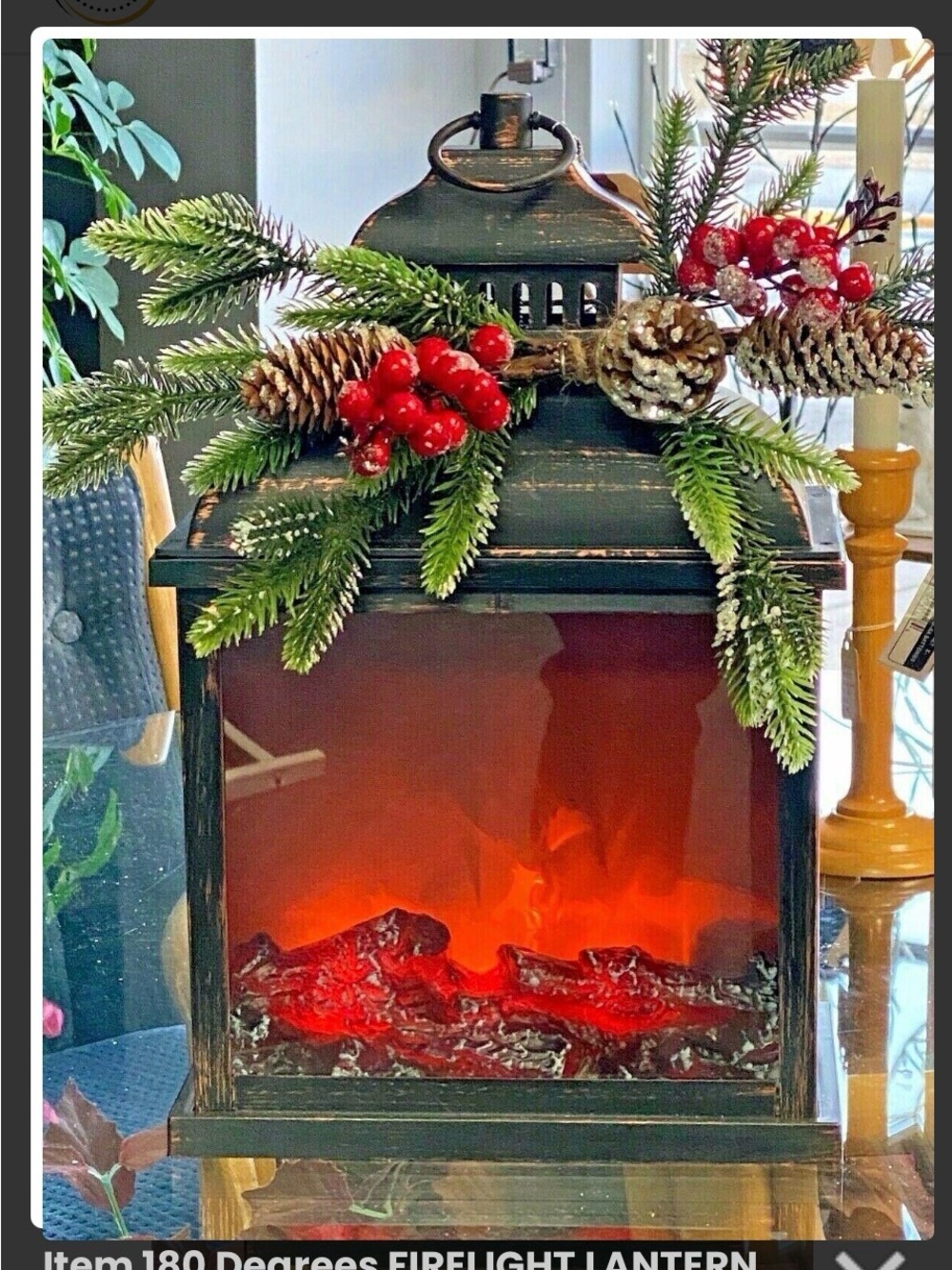 180 Degrees Firelight Lantern - Black Holiday Lantern with Red Flame Effect